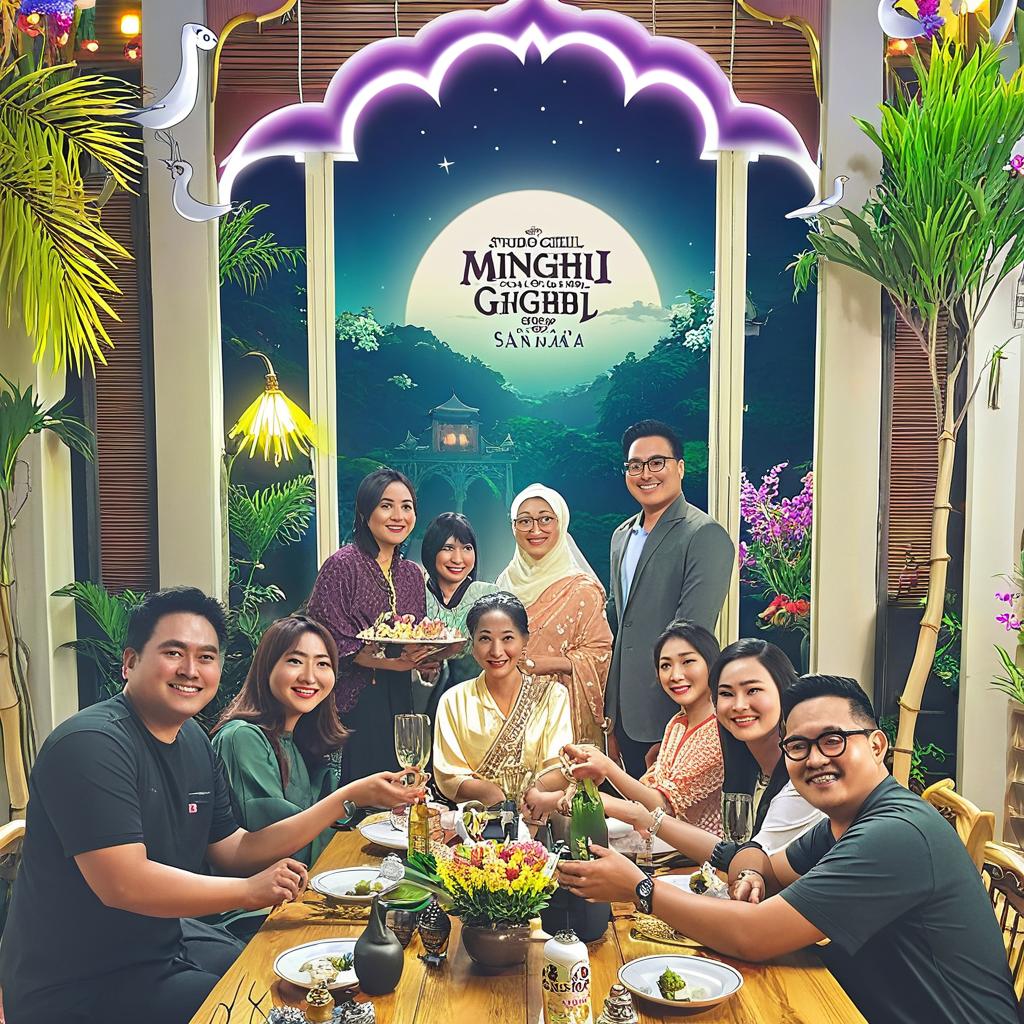 Buat poster selamat hari raya dengan tema studio ghibli menggunakan gambar yang diattach.Tukar aksi di dalam gambar kepada saling bersalaman.Di bawah poster ditulis Ikhlas daripada,FRI Santubong