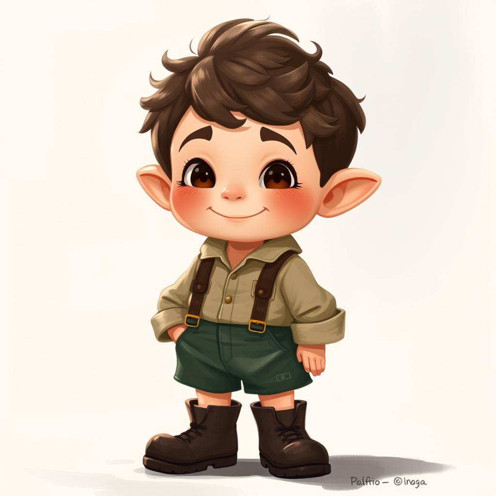 A realistic yet illustrative halfling boy character design, resembling a 10-year-old with a round face and a playful smile