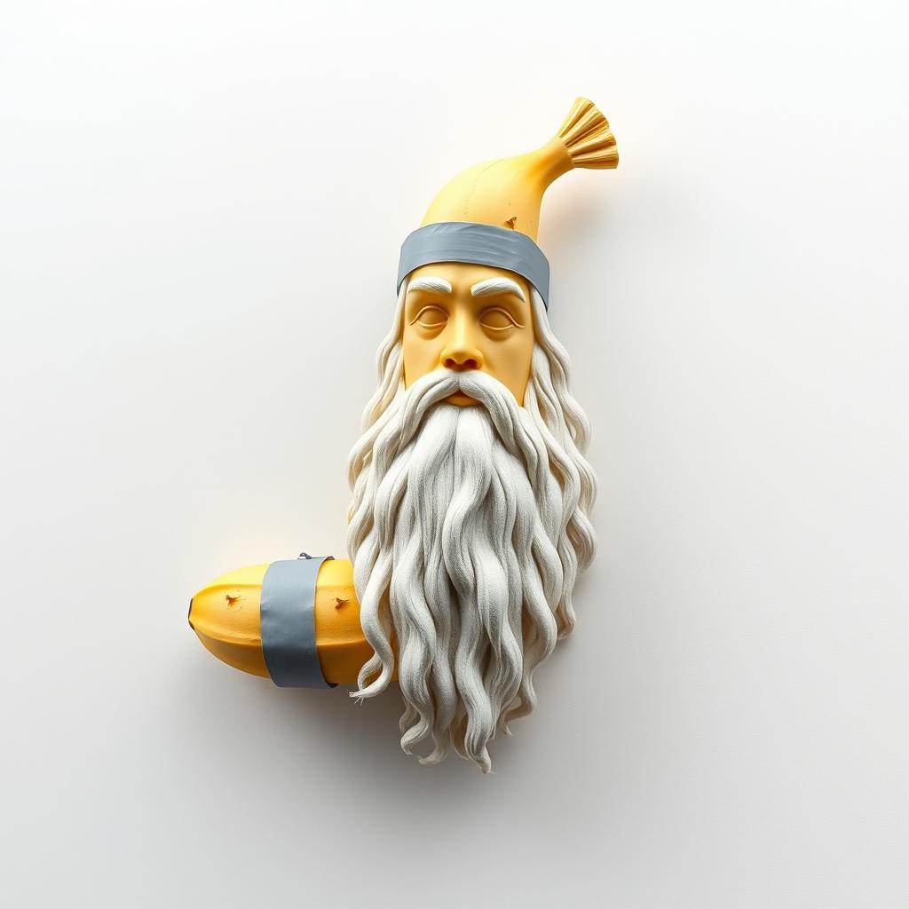A hyper-realistic photomontage of a banana creatively shaped like Zeus, mounted on a pristine white wall