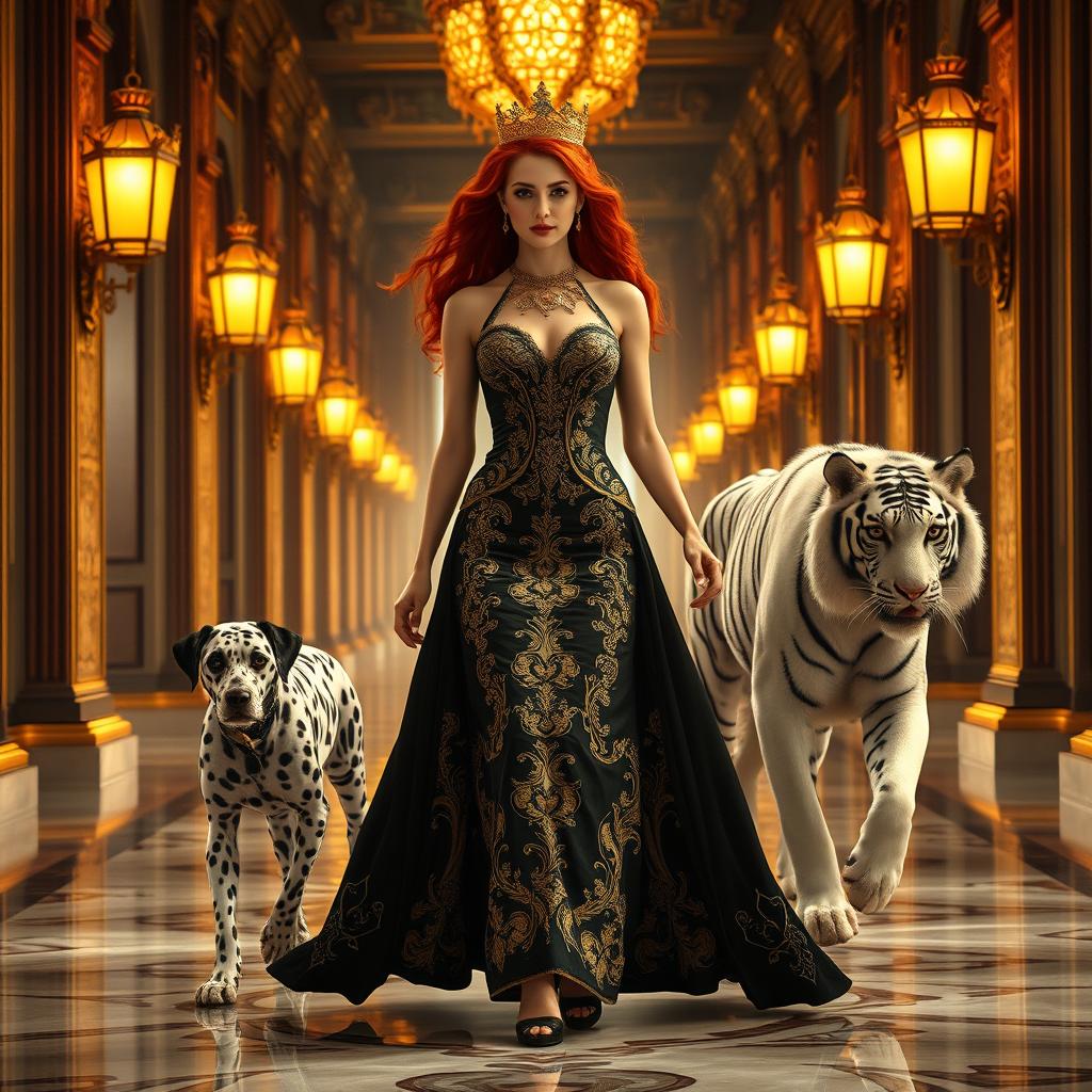 A majestic young woman with fiery red hair, walking gracefully like a queen through an opulent palace corridor