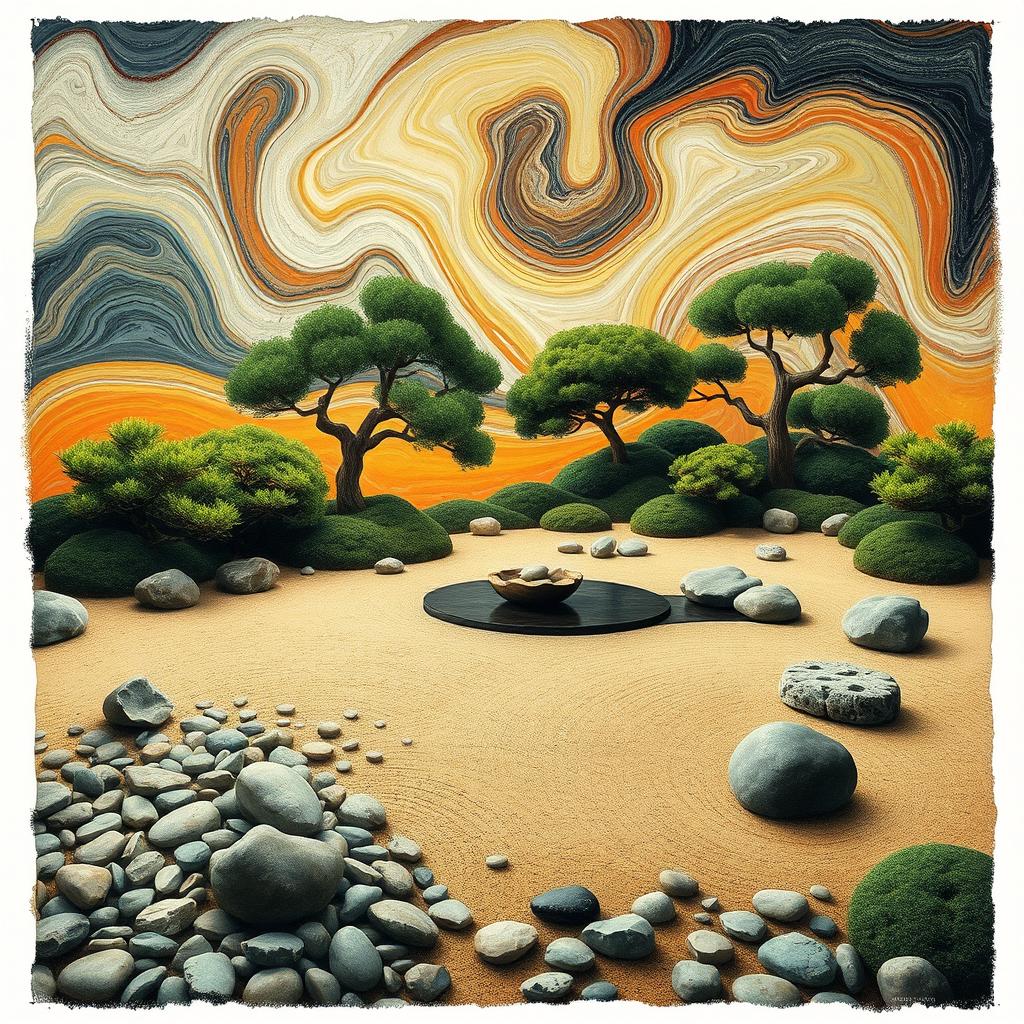 A serene Zen garden puzzle featuring elements inspired by Edvard Munch's art style