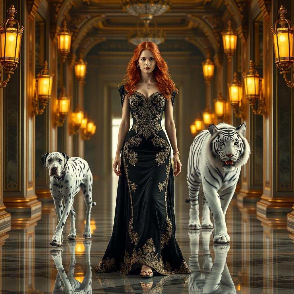 A majestic young woman with fiery red hair, walking gracefully like a queen through an opulent palace corridor