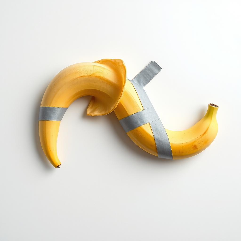 A realistic photomontage of a banana taped to a white wall in the shape of an elephant