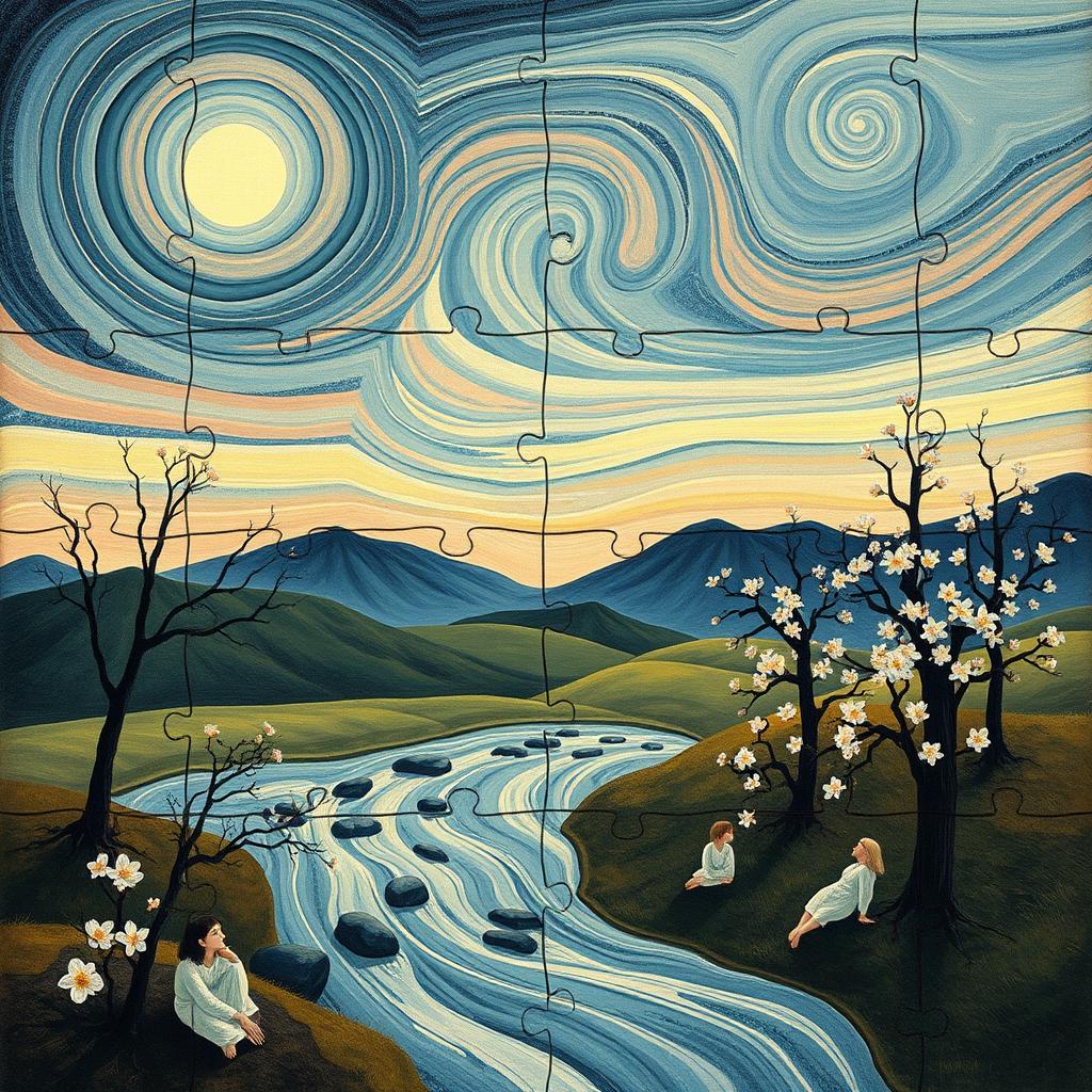 A Zen-themed puzzle inspired by the art style of Edvard Munch, featuring elements such as tranquil landscapes, serene figures, and atmospheric color palettes reminiscent of Munch’s work