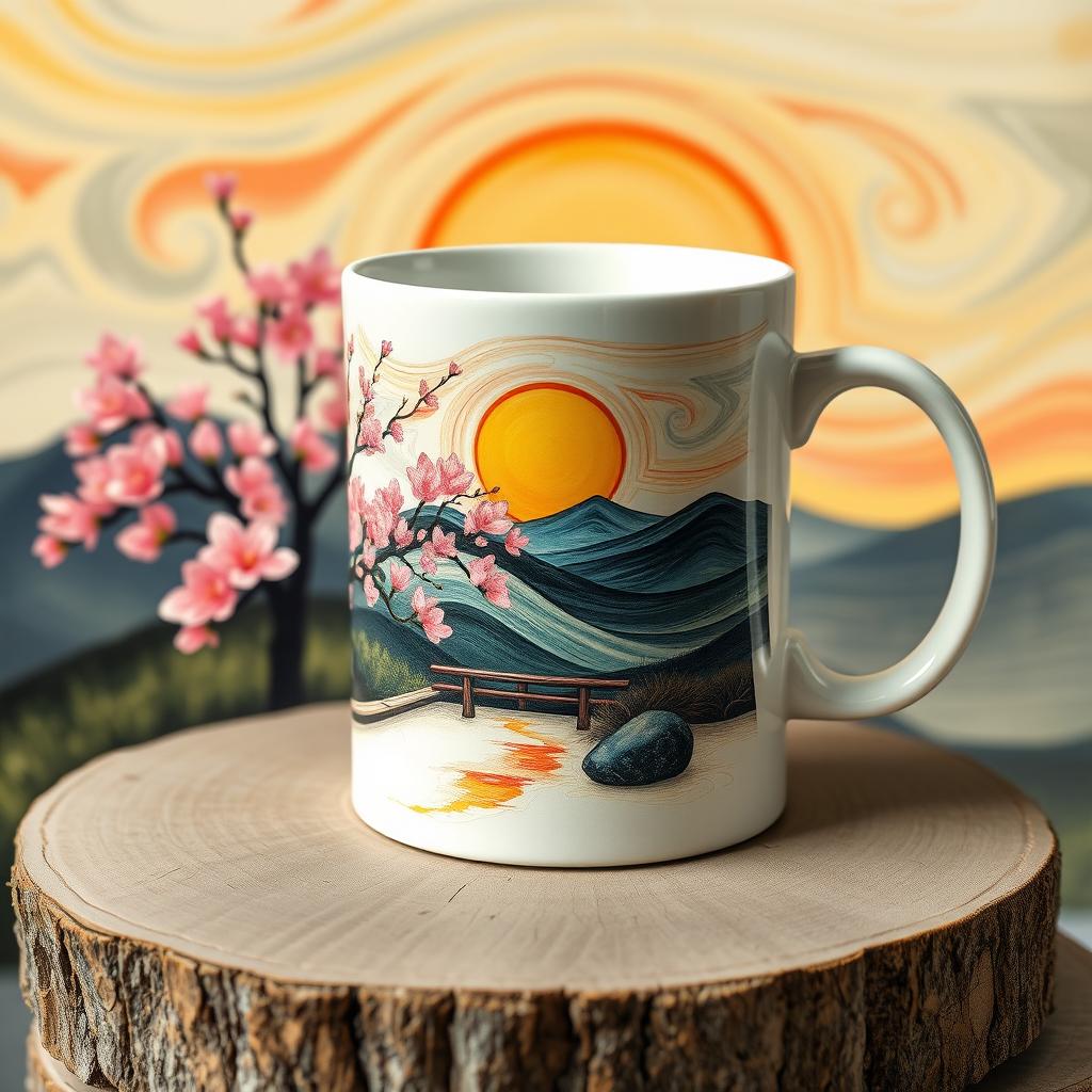 A beautifully crafted mug designed in the style of Edvard Munch, featuring a serene and calming zen theme