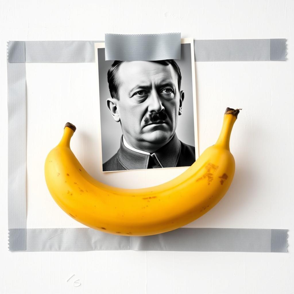 A realistic photo montage featuring a banana attached to a white wall with gray duct tape