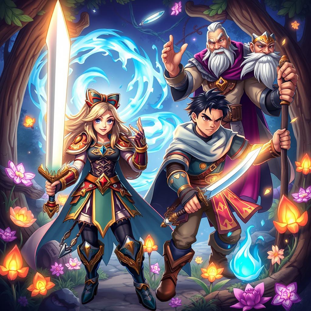 A vibrant and dynamic illustration of diverse game characters, featuring a fierce female warrior in ornate armor wielding a glowing sword, alongside a mischievous male rogue with a dagger and a sly smile