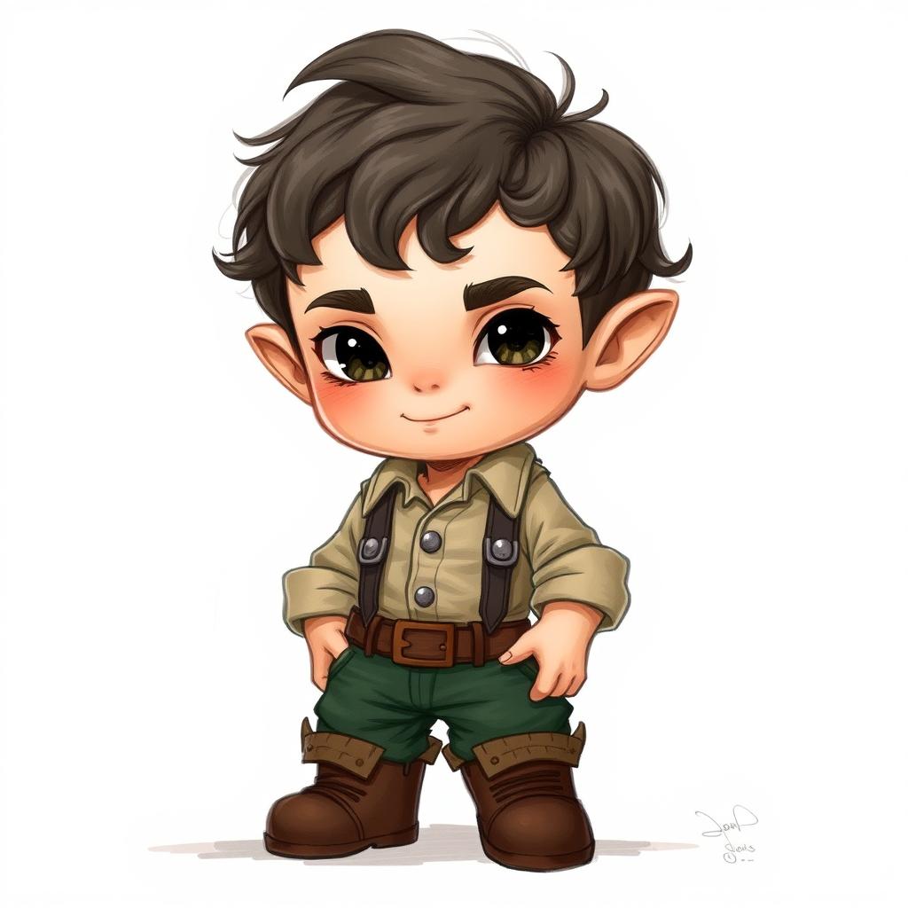 A realistic halfling boy character design, showcasing a slightly serious expression with a hint of a smile