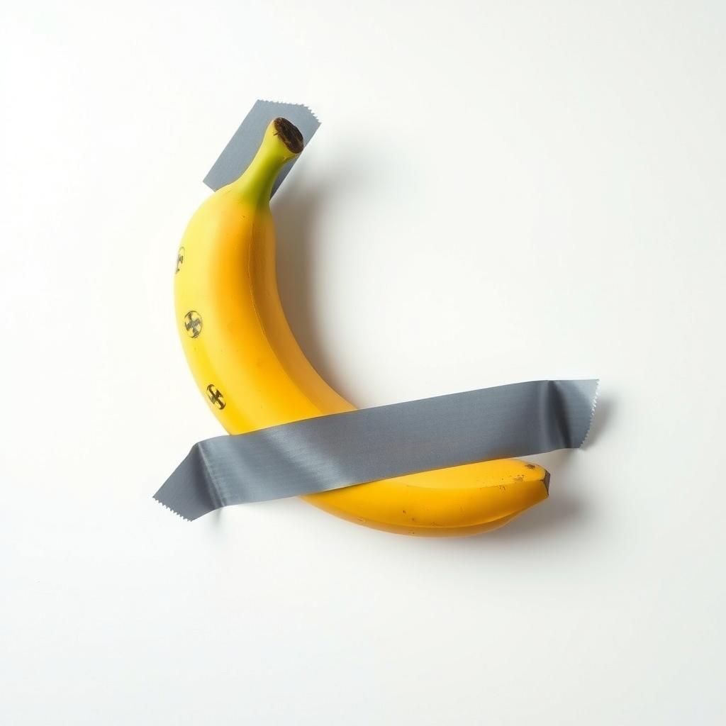 A realistic photomontage of a banana taped to a white wall, artistically styled to resemble the iconic shape of a famous historical figure
