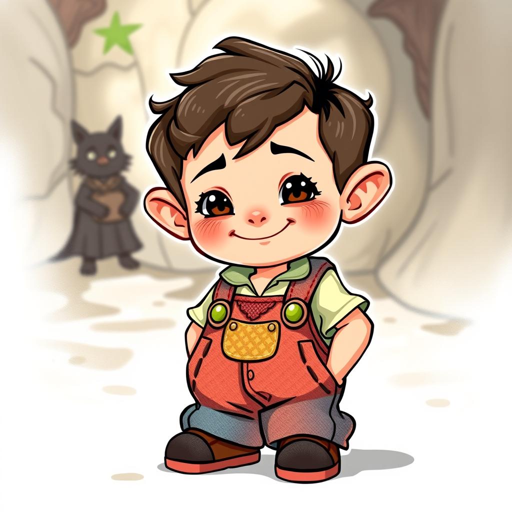 A Dungeons & Dragons style illustration of a 10-year-old halfling boy, featuring a slight smile that conveys a sense of mischief