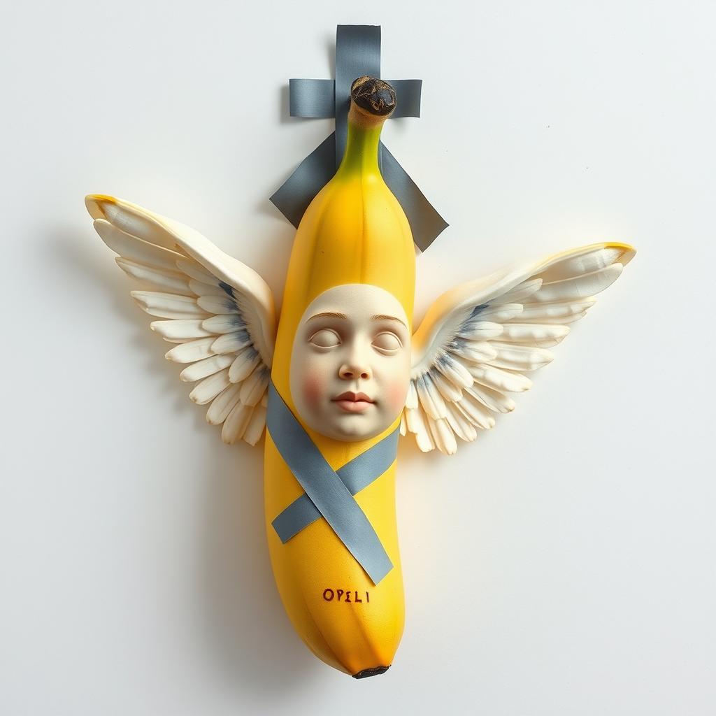 A realistic photo montage featuring a yellow banana stuck against a white wall
