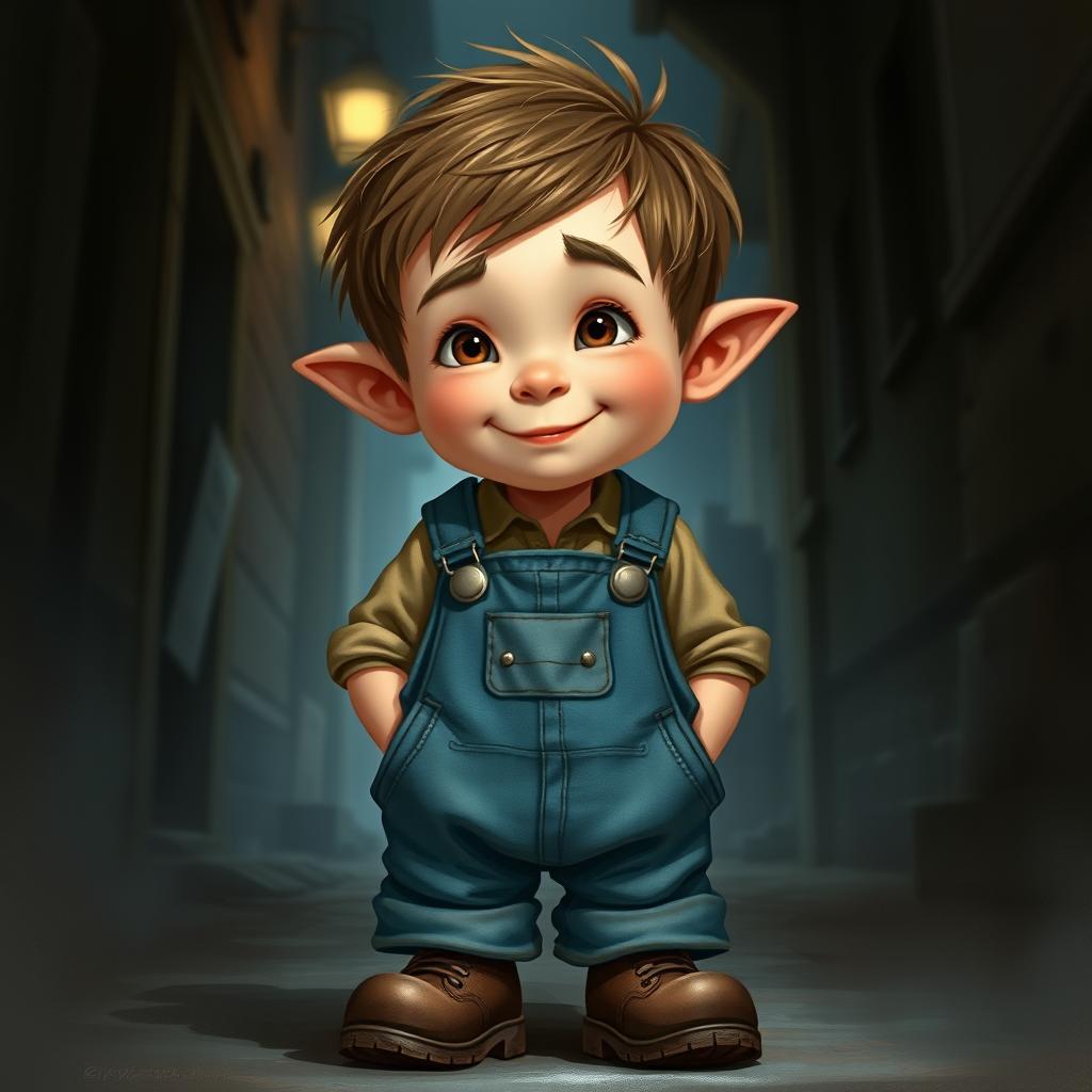 A realistic portrayal of a 10-year-old halfling boy wearing overalls, featuring a slight smile that conveys warmth amidst a slightly grim background
