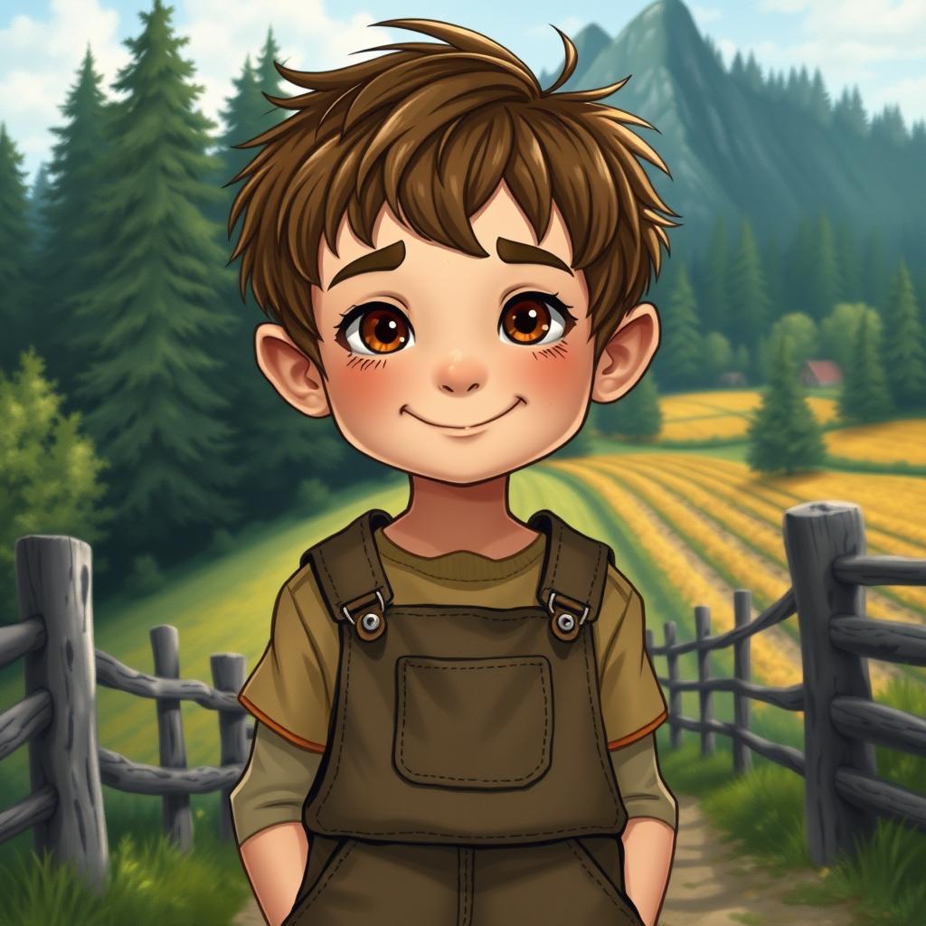 A realistic portrayal of a 10-year-old halfling boy with a slight smile, dressed in practical overalls