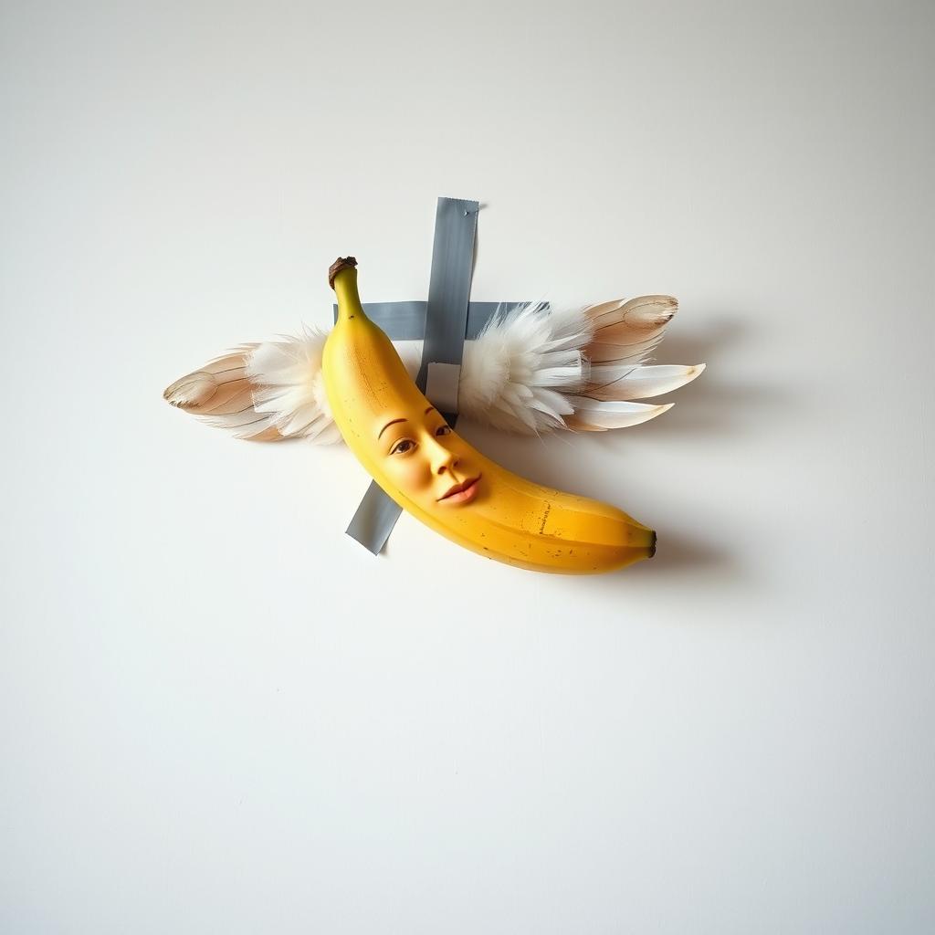 A realistic photo montage of a banana stuck to a white wall with tape, featuring a face on the banana