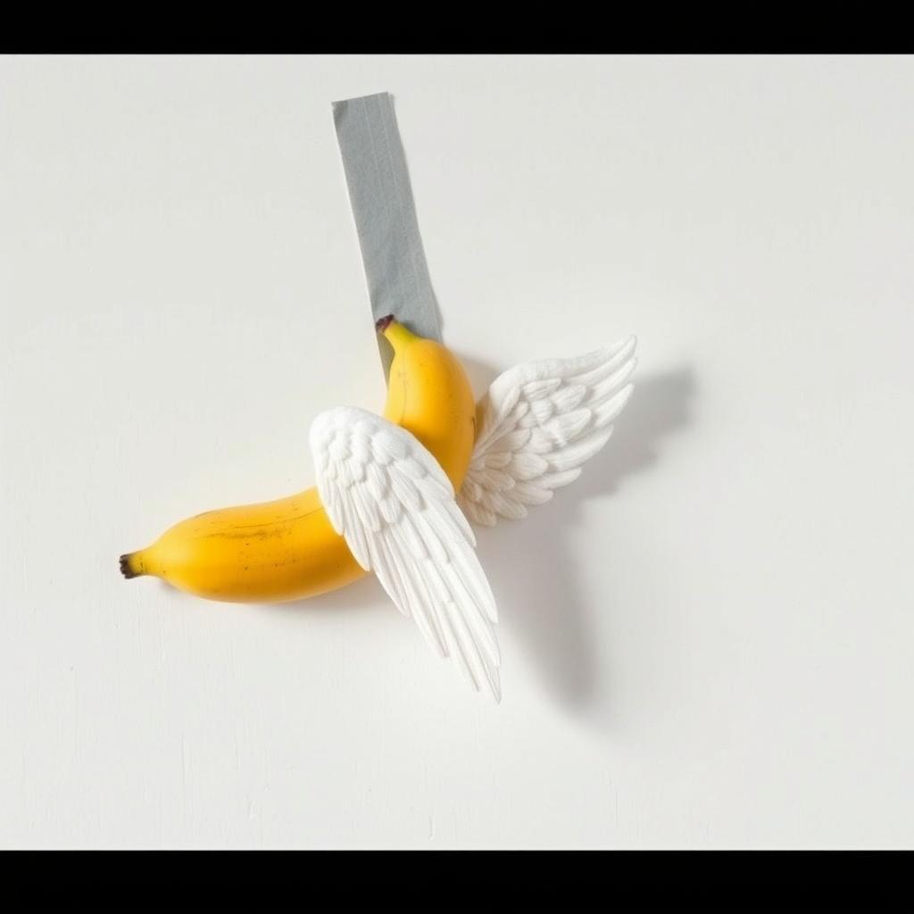 A realistic photo montage featuring a banana stuck to a white wall with tape