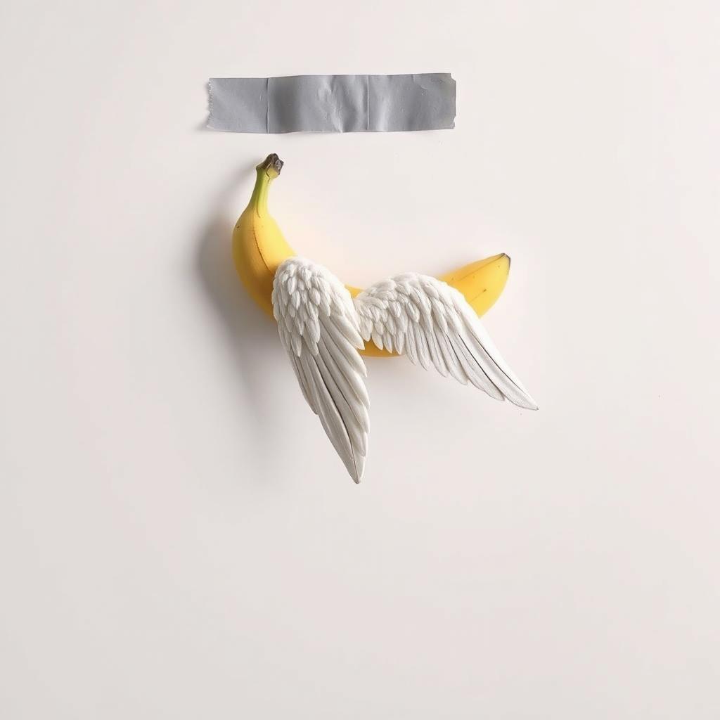 A realistic photo montage of a banana stuck on a white wall, held in place with gray duct tape, featuring angel wings attached to the banana