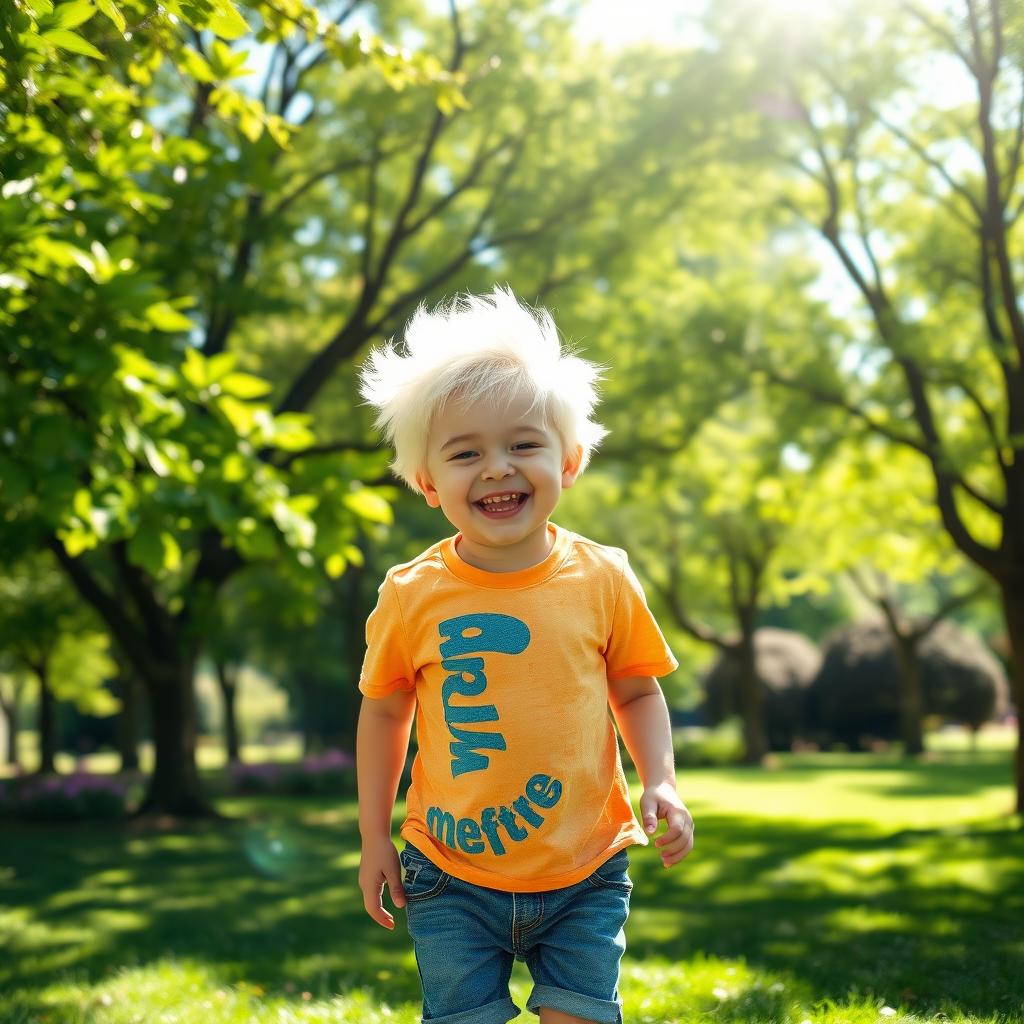 A young boy with striking white hair, playing joyfully in a sunny park