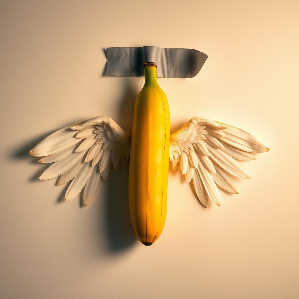 A realistic professional photo montage featuring a banana stuck to a white wall with gray duct tape, adorned with angel wings