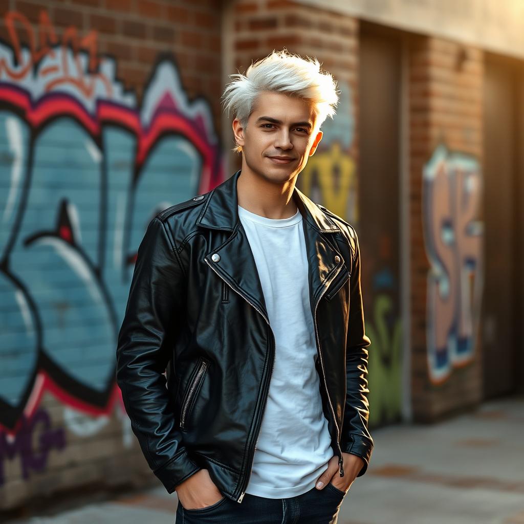 A young man with striking white hair standing confidently in an urban environment