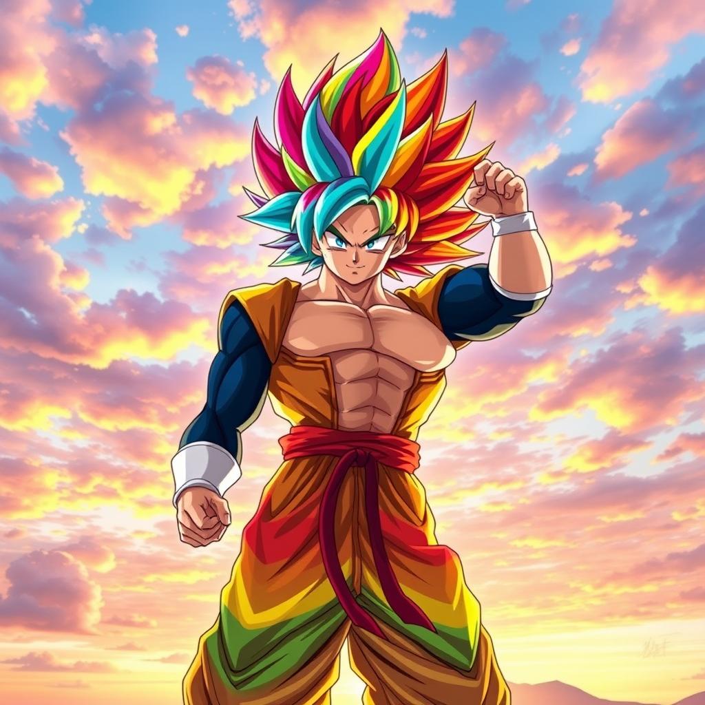An artistic representation of a powerful Super Saiyan character embodying LGBTQ+ pride, featuring vibrant rainbow-colored hair and a fierce, confident pose
