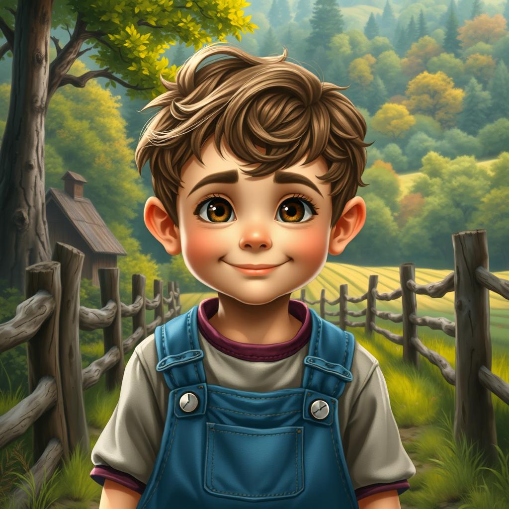 A realistic depiction of a 10-year-old halfling boy with a slight smile, dressed in functional blue overalls and a simple shirt