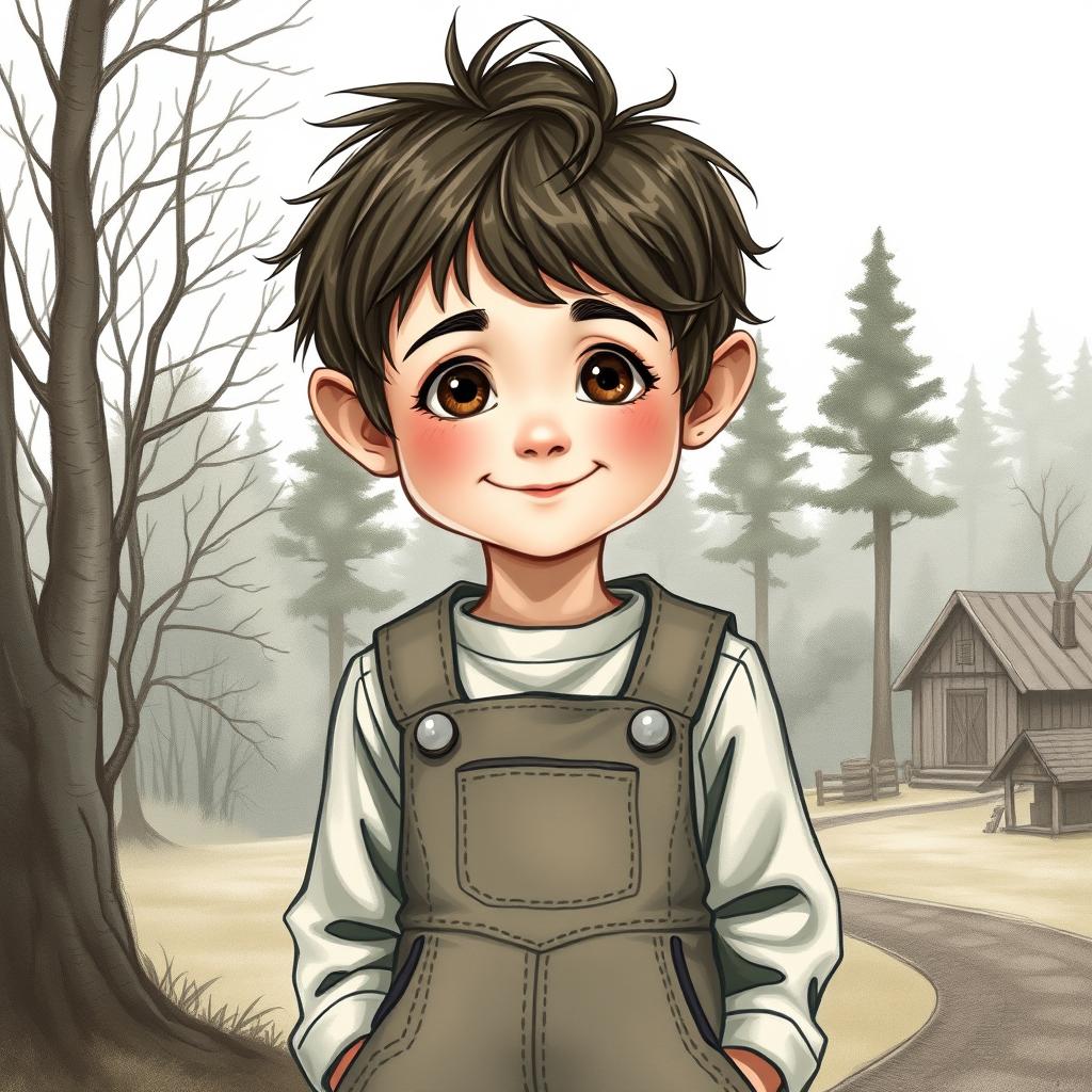A realistic artistic drawing of a 10-year-old halfling boy with a slight smile, dressed in practical overalls and standing in a serene forest and farm background