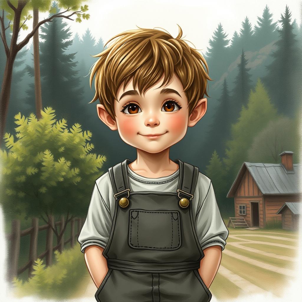 A realistic artistic drawing of a 10-year-old halfling boy with a slight smile, wearing understated overalls