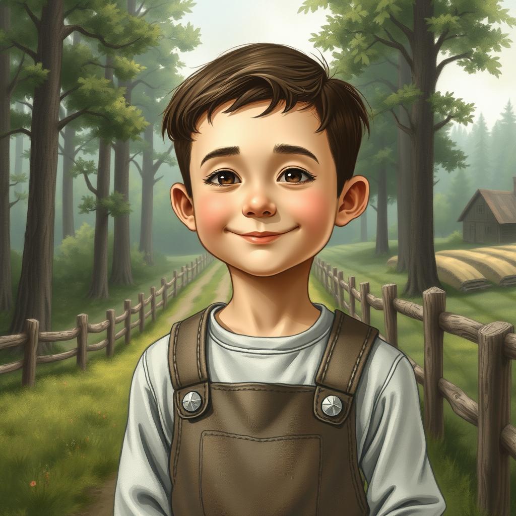 A realistic artistic drawing of a 10-year-old boy with a slight smile, wearing simple overalls