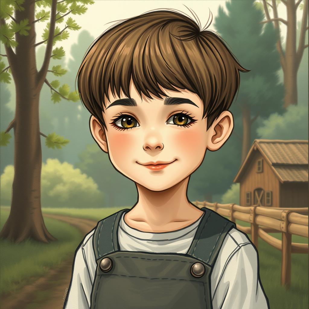 A realistic artistic drawing of a 10-year-old boy with a slight smile, featuring a close to bowl cut hairstyle and dressed in simple overalls