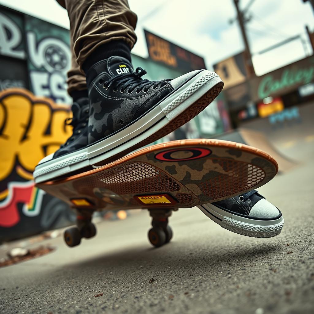 A cutting-edge footwear collaboration between Converse and Oakley, showcasing a bold sneaker design that combines the classic Chuck Taylor silhouette with high-performance features typical of Oakley sports gear