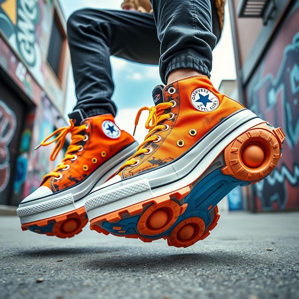 An audacious and striking footwear collaboration featuring "over the top" shoes that blend the classic Converse aesthetic with Oakley's high-performance design