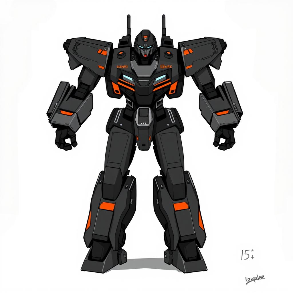 A 2D simple drawing of a battlemech exosuit, towering at 15 feet tall, three times the height of its pilot