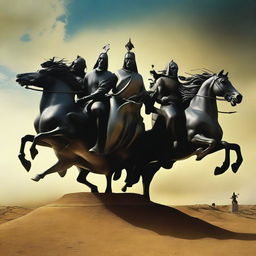 Four horsemen of the apocalypse charging towards a statue-still couple, crafted in the surrealist style of Salvador Dali.