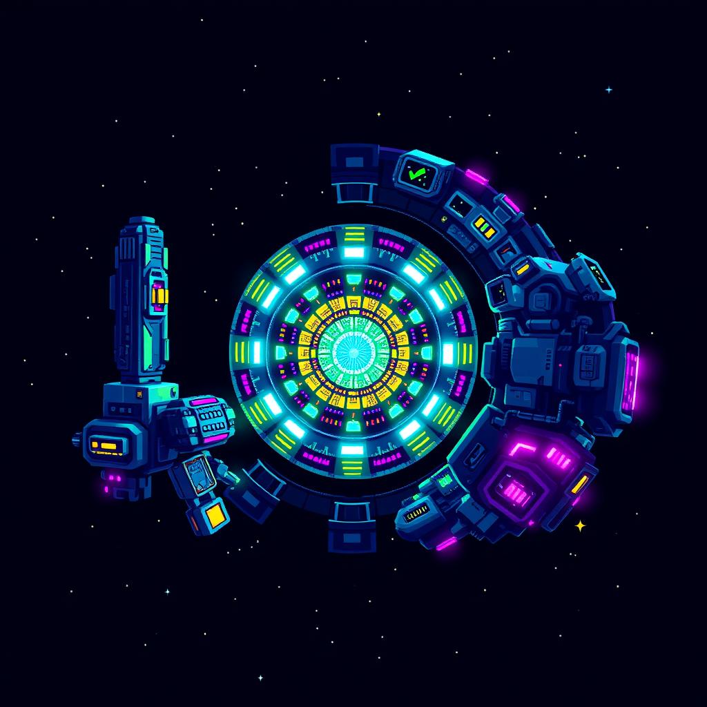 A vibrant pixel art depiction of a sci-fi blinkgate surrounded by a detailed space station, set against the vastness of space but with no background elements