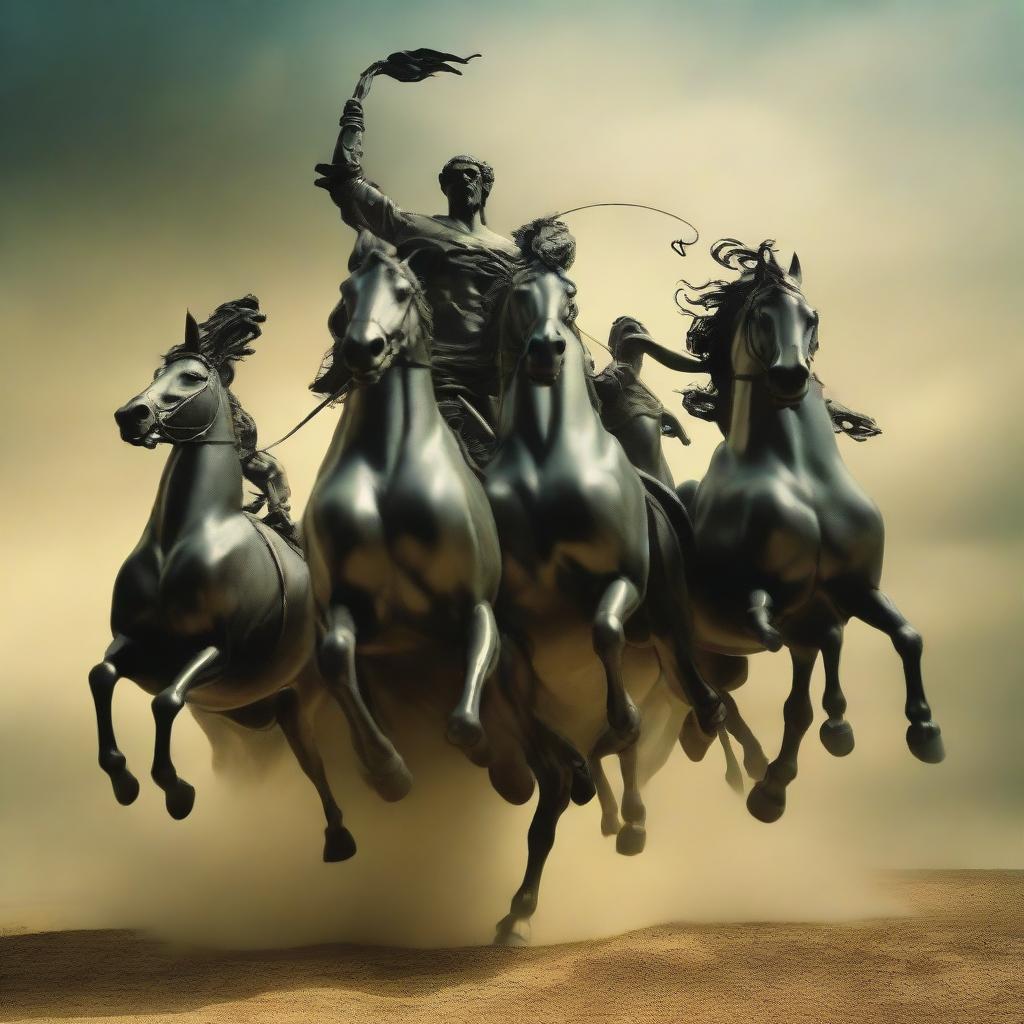 Four horsemen of the apocalypse charging towards a statue-still couple, crafted in the surrealist style of Salvador Dali.