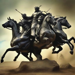 Four horsemen of the apocalypse charging towards a statue-still couple, crafted in the surrealist style of Salvador Dali.