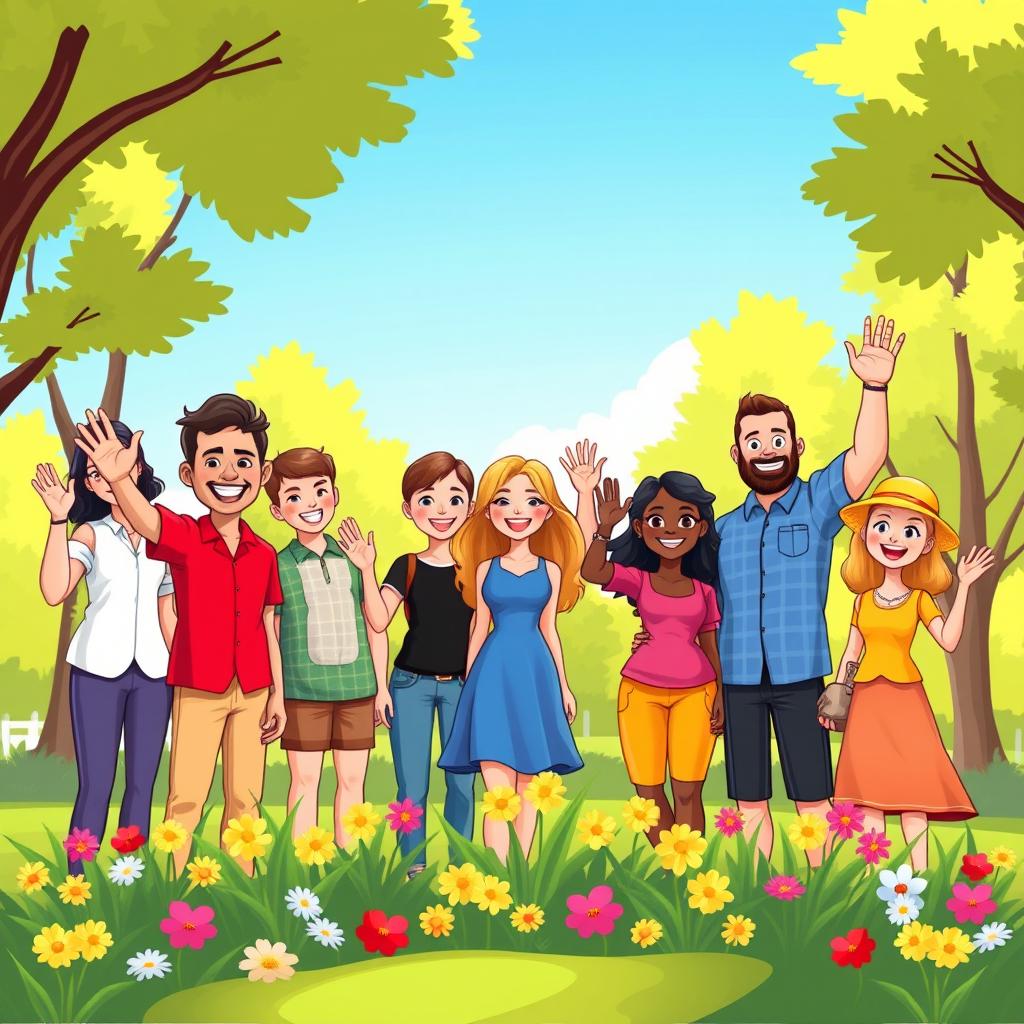 A cheerful, cartoon-style illustration of a diverse group of people waving and smiling, standing together in a sunny park