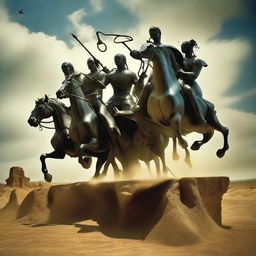 Four horsemen of the apocalypse charging towards a statue-still couple, crafted in the surrealist style of Salvador Dali.