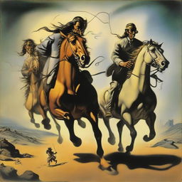 Four clearly visible horsemen of the apocalypse charging towards a slightly bewildered and terrified man and woman, created in Salvador Dali's surrealist style.