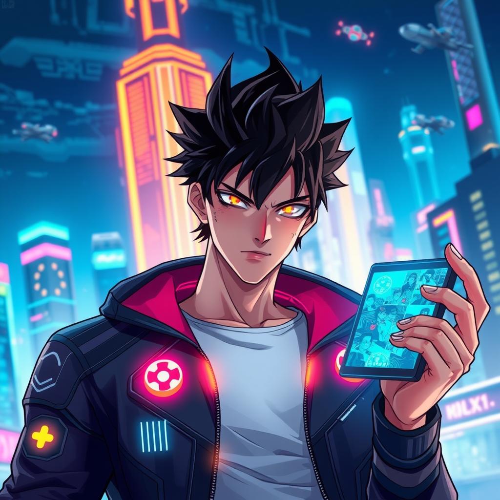 A male character with a determined expression stands in a futuristic cityscape at night, glowing neon lights reflecting off his intense eyes