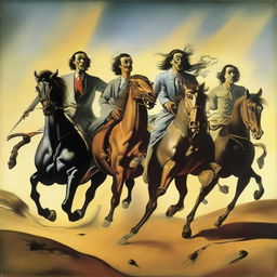 Four clearly visible horsemen of the apocalypse charging towards a slightly bewildered and terrified man and woman, created in Salvador Dali's surrealist style.