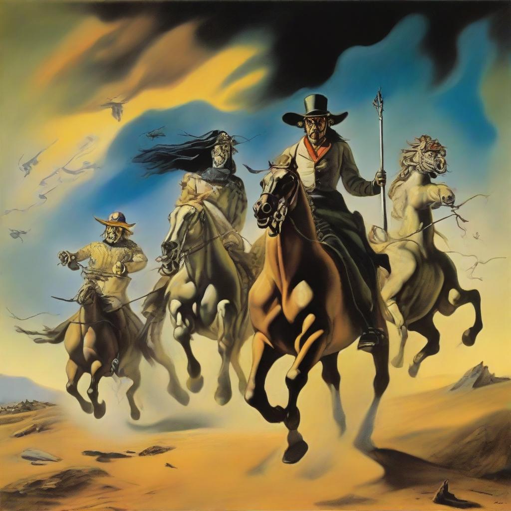 Four clearly visible horsemen of the apocalypse charging towards a slightly bewildered and terrified man and woman, created in Salvador Dali's surrealist style.