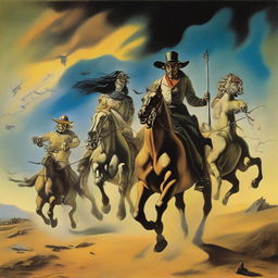 Four clearly visible horsemen of the apocalypse charging towards a slightly bewildered and terrified man and woman, created in Salvador Dali's surrealist style.