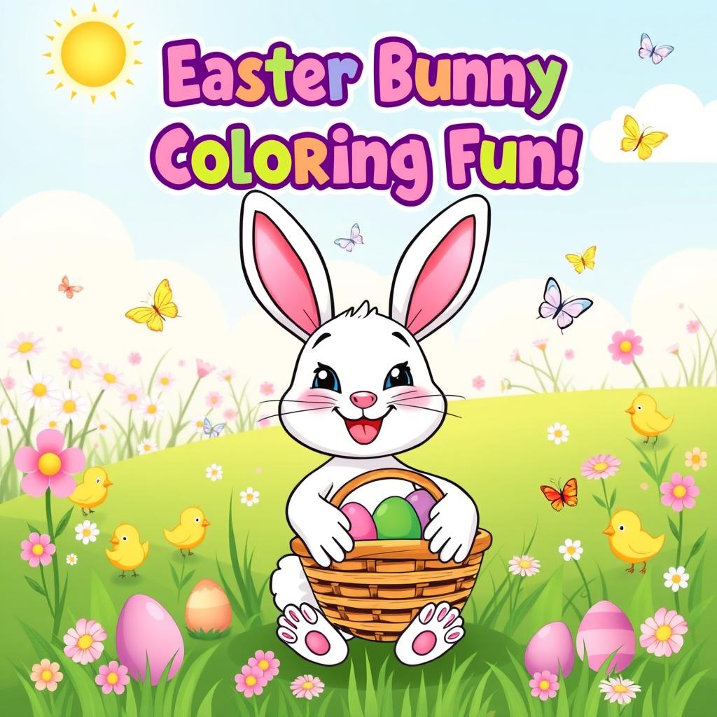 A vibrant and whimsical cover design for a children's coloring book themed around Easter and bunnies