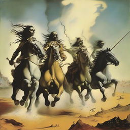 Four clearly visible horsemen of the apocalypse charging towards a slightly bewildered and terrified man and woman, created in Salvador Dali's surrealist style.