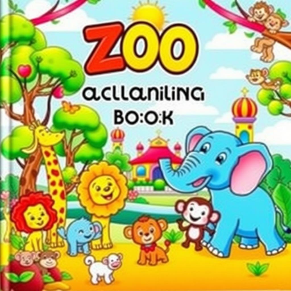 A colorful and engaging cover for a children's coloring book featuring a vibrant zoo theme