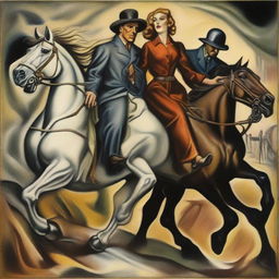 Four distinctly visible horsemen of the apocalypse are heading straight towards a combined figure of a man and a woman who are somewhat disoriented, scared, and terrified, all depicted in the style of Lempicka.