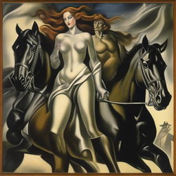 Four distinctly visible horsemen of the apocalypse are heading straight towards a combined figure of a man and a woman who are somewhat disoriented, scared, and terrified, all depicted in the style of Lempicka.