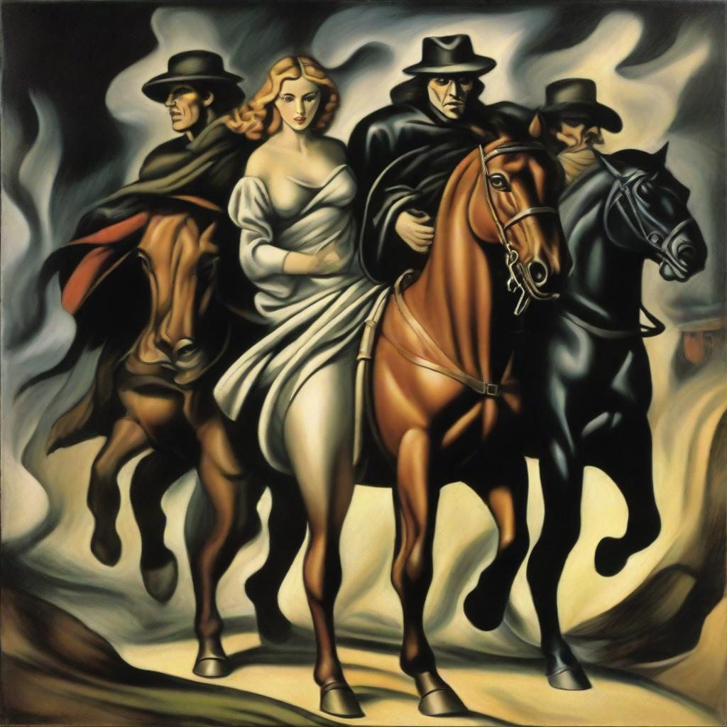 Four distinctly visible horsemen of the apocalypse are heading straight towards a combined figure of a man and a woman who are somewhat disoriented, scared, and terrified, all depicted in the style of Lempicka.