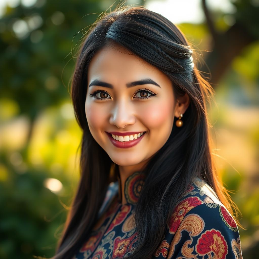 A portrait of a beautiful Malaysian woman, showcasing her radiant smile and captivating eyes